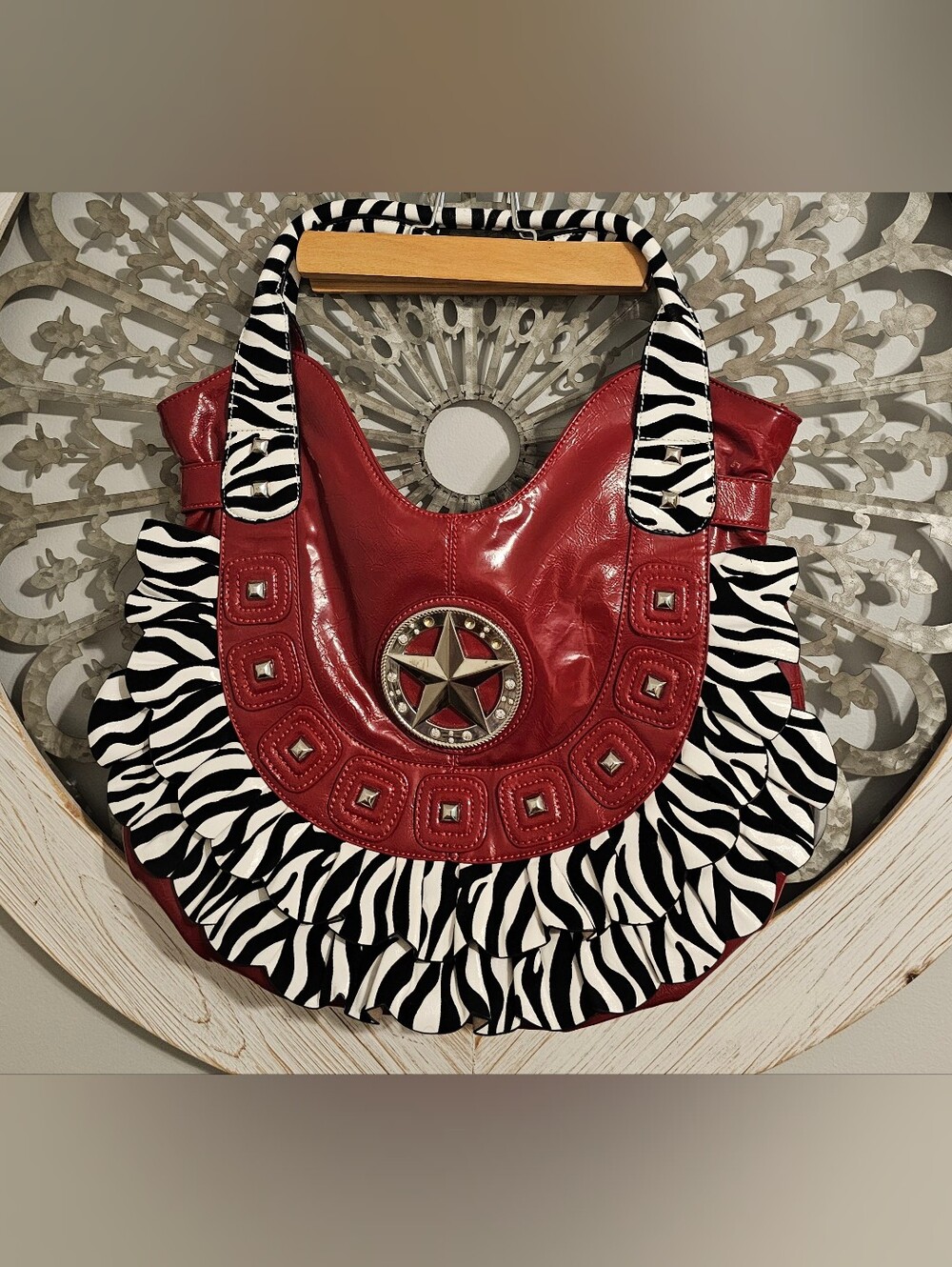 Fun, Fun, Red Star Accent Handbag with Zebra Ruffle Trim